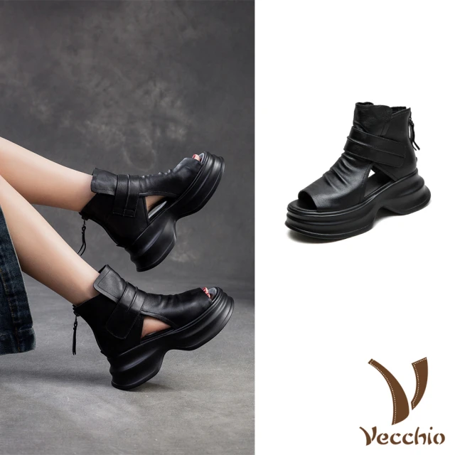 VecchioVecchio 真皮涼鞋 厚底涼鞋/真皮頭層牛皮復古露趾厚底羅馬涼鞋(黑)