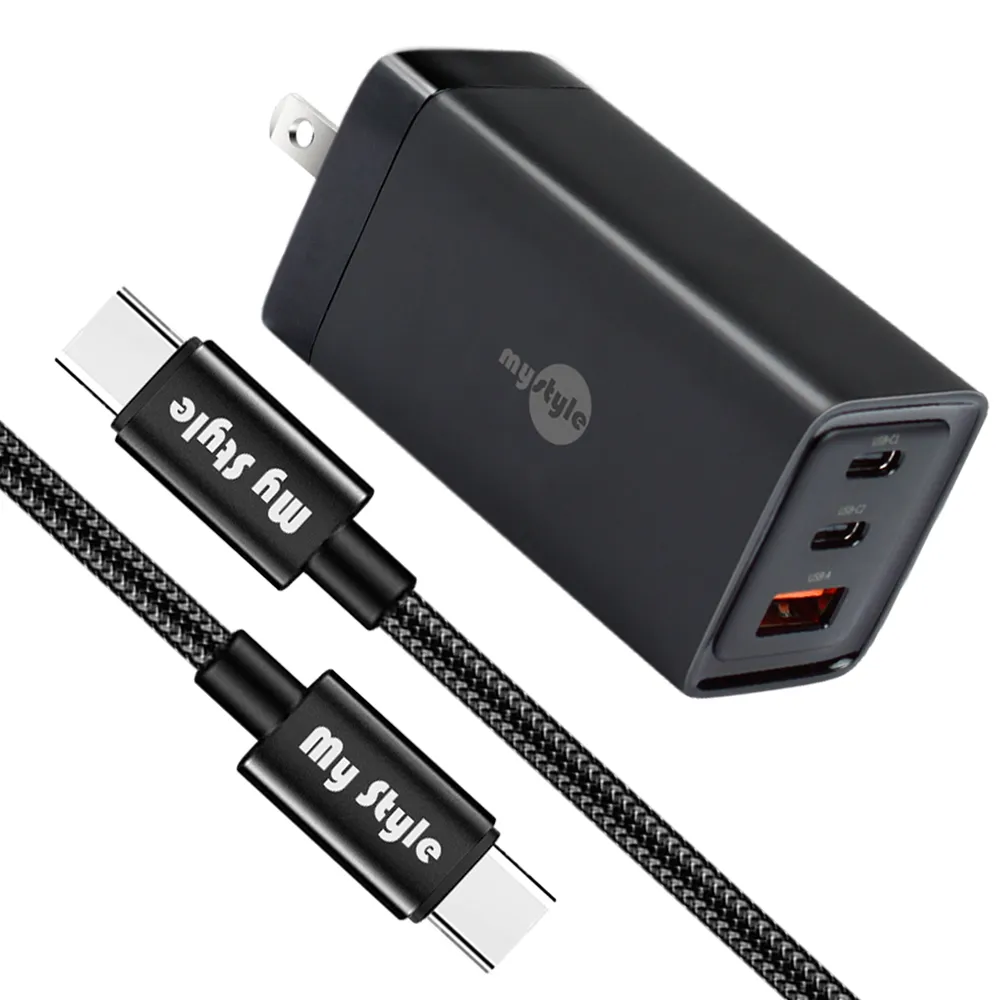 【MyStyle】65W GaN氮化鎵極速充電器-黑+耐彎折編織線Type-C to Type-C 急速快充線200cm-黑線(三孔1A2C)