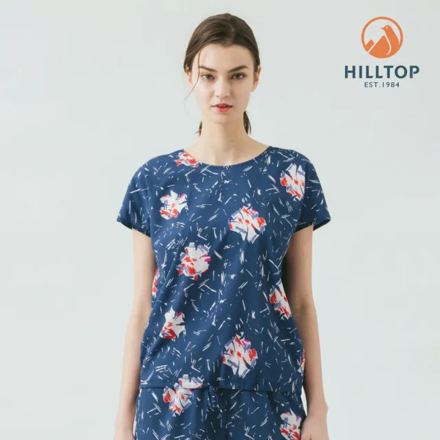 【Hilltop 山頂鳥】抗UV吸濕快乾彈性印花短袖上衣 女款 藍色印花｜PS06XF66ECEZ