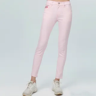 【BOBSON】女款中腰繡花色布窄管褲(8195-12)