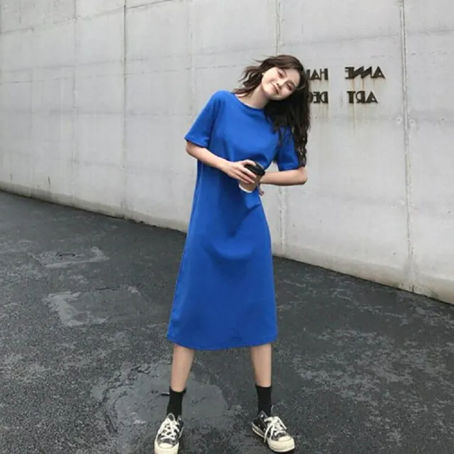 【Shiny 藍格子】簡單素面純色圓領短袖連身裙 V3732 現+預(女裝 洋裝)