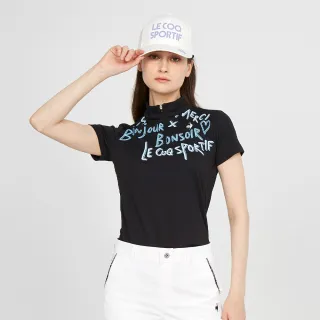 【LE COQ SPORTIF 公雞】高爾夫系列 女款黑色手繪感字母配色短袖立領衫 QLS2T210