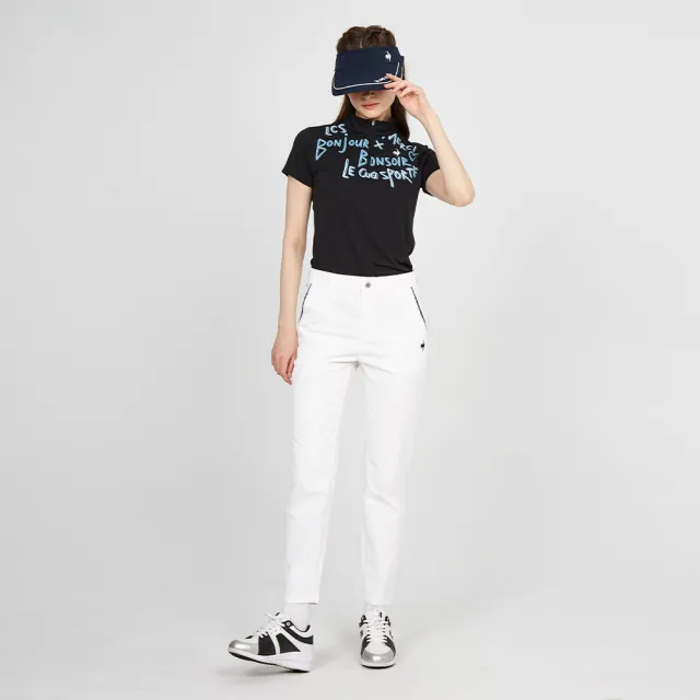 【LE COQ SPORTIF 公雞】高爾夫系列 女款黑色手繪感字母配色短袖立領衫 QLS2T210