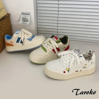 【Taroko】甜美印花圓頭綁帶平底休閒小白鞋(3色可選)