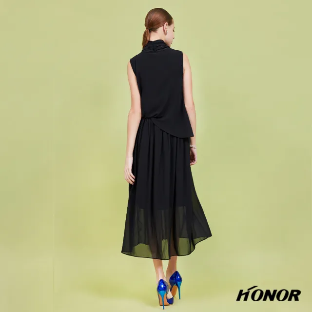 【HONOR 山形屋】出清品 雙層V型雪紡打褶無袖洋裝(限定出清)