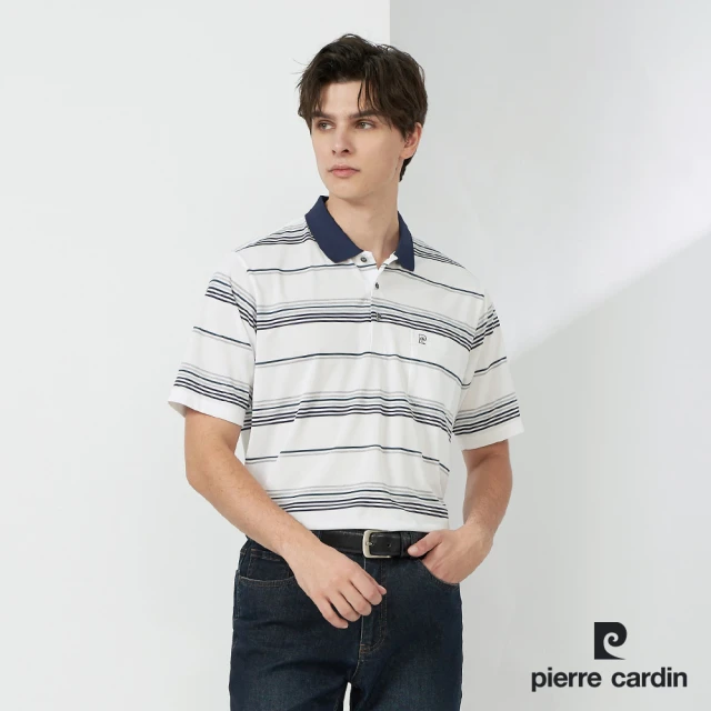 pierre cardin 皮爾卡登 網路獨家 男款 Hi Cool彈力吸濕排汗條紋短袖POLO衫-淺灰色(7227266-93)