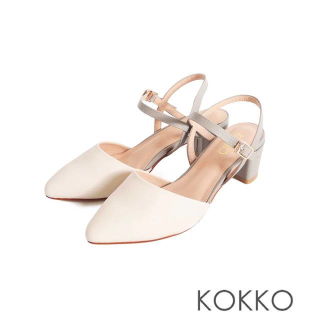 KOKKO 集團KOKKO 集團 都會優雅撞色繞踝繫帶粗跟寬楦包鞋(白色)