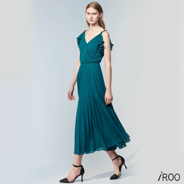 iROO 藍綠色雪紡壓褶洋裝