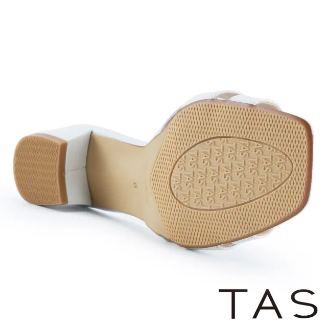 【TAS】編織方頭壓紋牛皮粗跟拖鞋(米白)