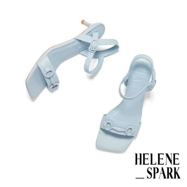 【HELENE_SPARK】簡約時髦啞光長釦全真皮方頭高跟涼鞋(藍)