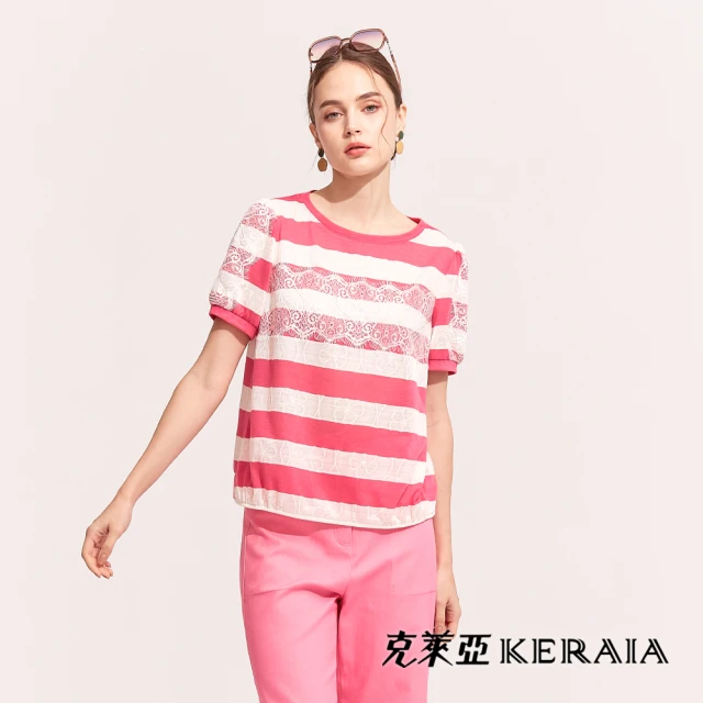 【KERAIA 克萊亞】夏日風韻條紋蕾絲設計上衣(桃紅色)