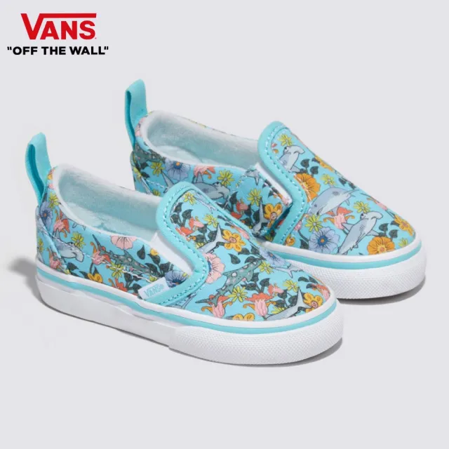 【VANS 官方旗艦】Slip-On V 小童款淺藍色海洋花朵圖案滑板鞋/休閒鞋