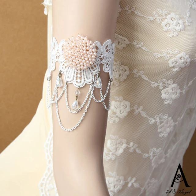 ANGELANGEL 歐美復古珍珠水晶蕾絲新娘手背鏈(白色)