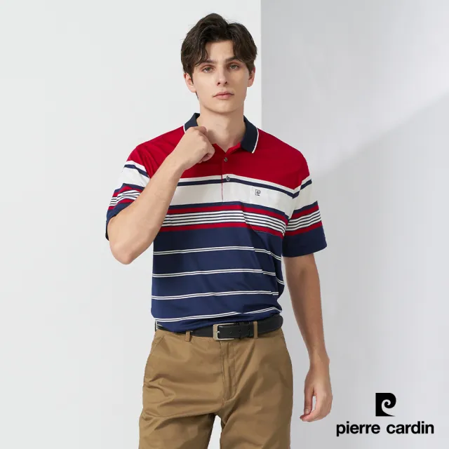 【pierre cardin 皮爾卡登】網路獨家 男款 Hi Cool彈力吸濕排汗條紋短袖POLO衫-紅色(7227263-79)