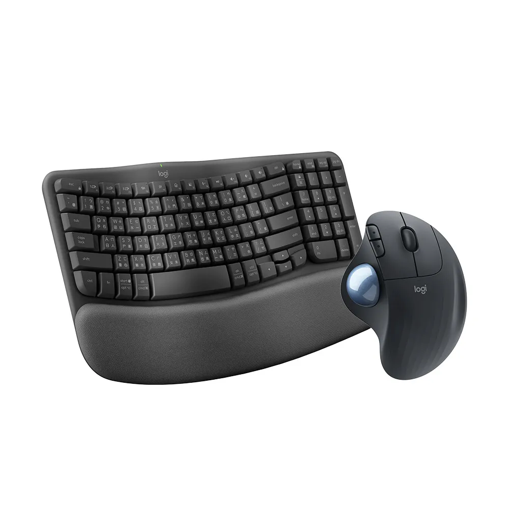 【Logitech 羅技】Wave Keys人體工學鍵盤 + Ergo M575無線軌跡球 - 黑色