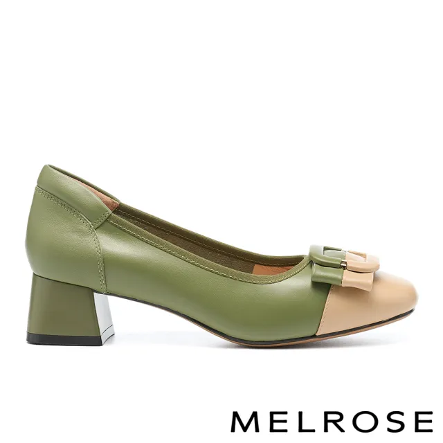 【MELROSE】美樂斯 雲朵後跟 時尚品味撞色方釦鞋花全真皮方頭高跟鞋(綠)