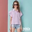 【IGD 英格麗】網路獨賣款-條紋荷葉袖襯衫(紫色)