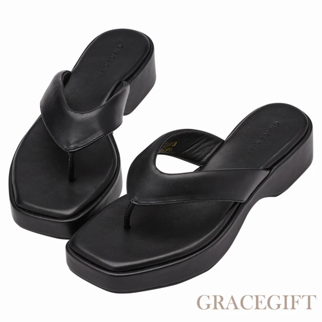 Grace GiftGrace Gift 時尚方頭夾腳厚底拖鞋(黑)
