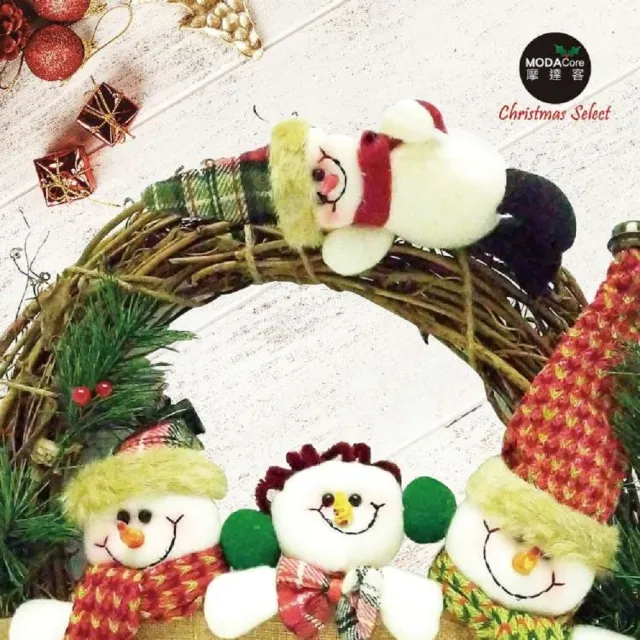 【摩達客】耶誕-13吋聖誕雪人家族麻布樹藤花圈(免組裝/本島免運費)