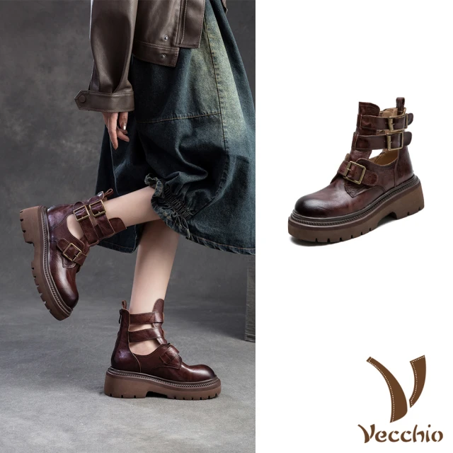 VecchioVecchio 真皮馬丁靴 粗跟馬丁靴/真皮頭層牛皮時尚縷空釦帶設計厚底粗跟馬丁靴 涼靴(咖)