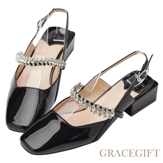 Grace Gift 珍珠小千金拼接中跟瑪莉珍鞋(白x黑)評