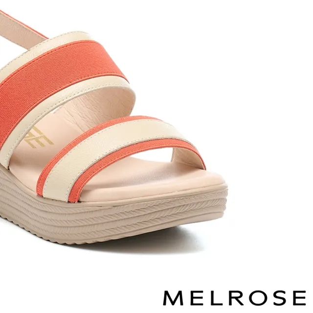 【MELROSE】美樂斯 夏日輕旅 日常雙色一字造型羊皮拼接布厚底涼鞋(橘)
