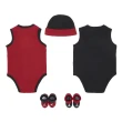【NIKE 耐吉】包屁衣 Jordan 5 Piece Set 黑 紅 純棉 按扣 五件套 帽子 襪子 禮盒 嬰兒(JD2113029NB-001)