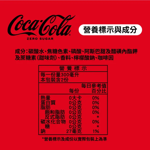 【Coca-Cola 可口可樂ZERO SUGAR】無糖零卡 寶特瓶600ml x4入/組