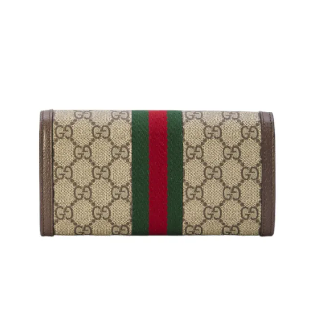 【GUCCI 古馳】Ophidia GG 印花帆布 牛皮飾邊 扣式 皮夾 長夾 米色 烏木色 523153