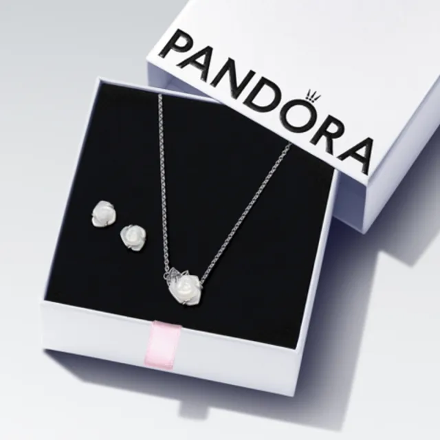 【Pandora 官方直營】白玫瑰綻放耳環項鏈套組