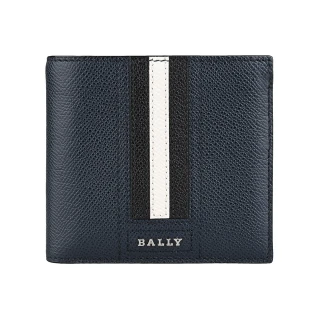 【BALLY】BALLY TEVYE銀字金屬LOGO直條紋設計防刮牛皮6卡對折男士短夾(深藍x黑白條紋)