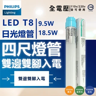 【Philips 飛利浦】6入 LED T8 4尺 18.5W 全電壓 雙端入電 日光燈管(黃光/自然光/白光)