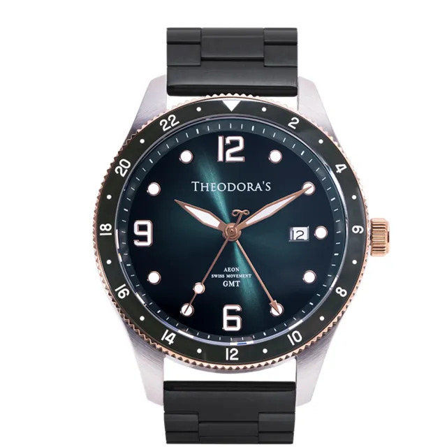 【THEODORA’S 希奧朵拉】Aeon-緣 GMT兩地時區夜光潛水鋼鍊帶腕錶(雙時區 瑞士機芯 陶瓷圈)