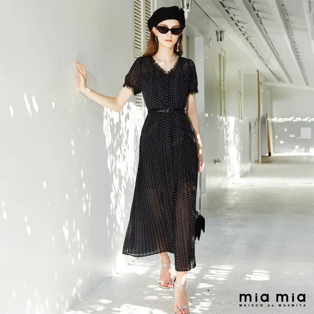 【mia mia】點點雪紡壓褶長洋裝