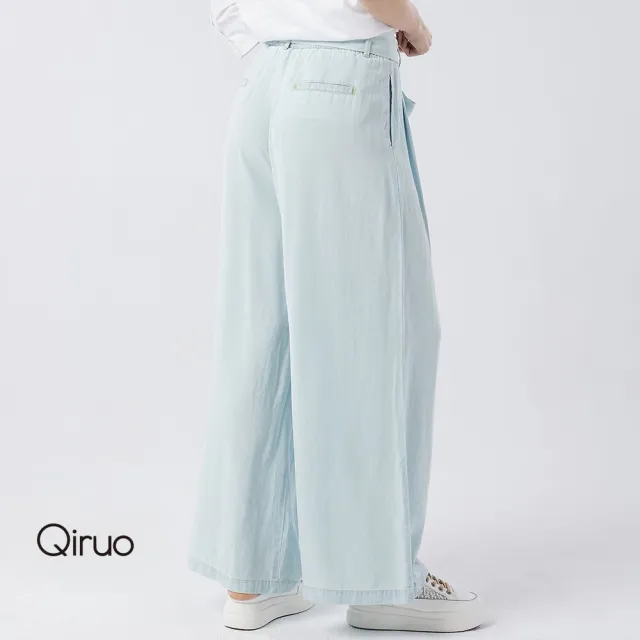 【Qiruo 奇若名品】春夏專櫃水藍色寬褲2067C 布料滑順蝴蝶結(M-XL)