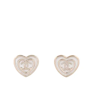 【CHANEL 香奈兒】CC Logo 雙圈愛心造型珍式耳環(珍珠白)