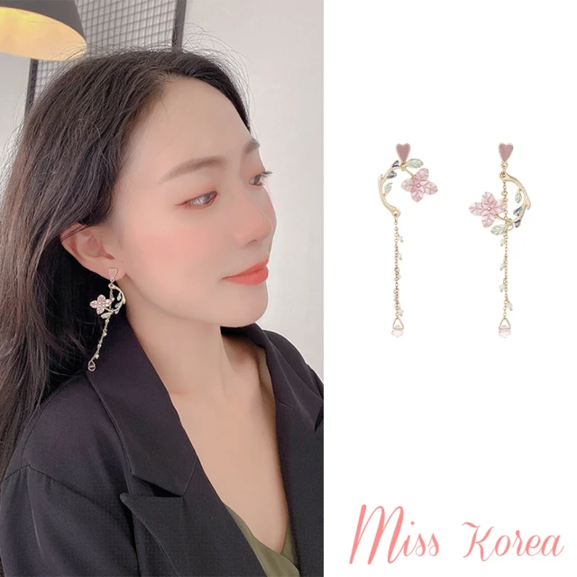 MISS KOREA 韓國設計溫柔花朵長流蘇造型夾式耳環(無