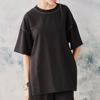 【IGD 英格麗】網路獨賣款-質感縫線寬版上衣(黑色)