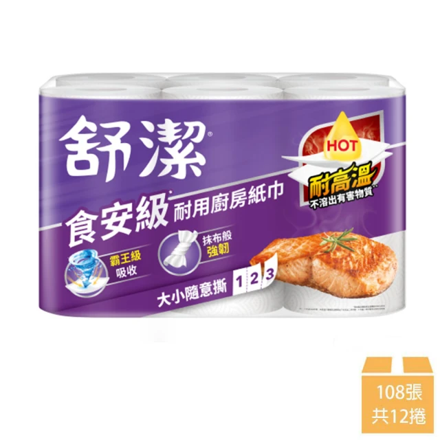 【Kleenex 舒潔】食安級耐用廚房紙巾大小隨意撕 108張x6捲x2串