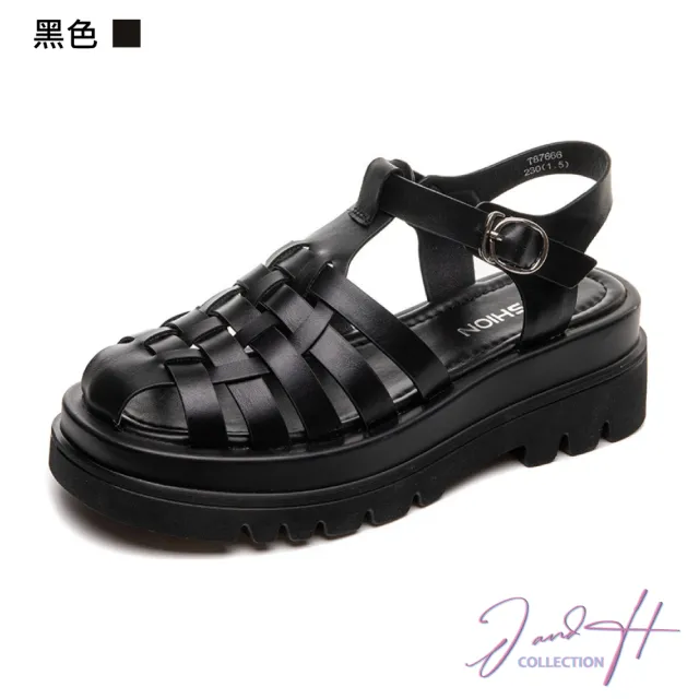 【J&H collection】時尚增高厚底真皮編織包頭羅馬涼鞋(現+預  米色／黑色)