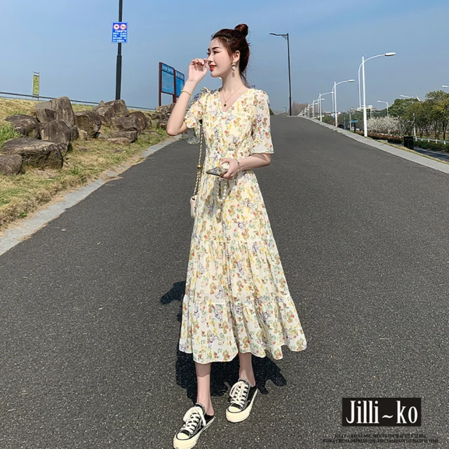 JILLI-KO V領碎花荷葉邊收腰蛋糕桔梗連衣裙 -F(黃)