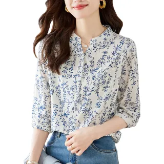 【Alishia】立領顯瘦小碎花七分袖襯衫上衣 M-2XL(現+預  藍色)