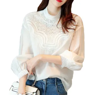 【Alishia】法式優雅立領鏤空七分袖襯衫上衣 M-2XL(現+預  白色)