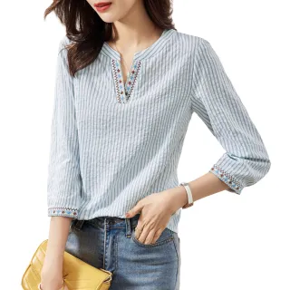 【Alishia】簡約條紋撞色V領七分袖襯衫上衣 M-2XL(現+預  藍色)