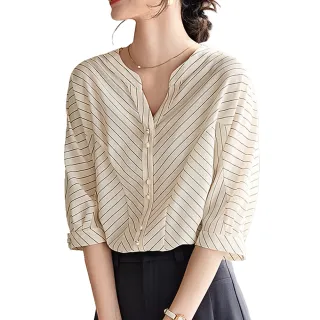【Alishia】優雅條紋小V領七分袖襯衫上衣 M-2XL(現+預  米色)