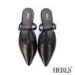 【HERLS】穆勒鞋-全真皮尖頭T字瑪莉珍低跟穆勒鞋(黑色)