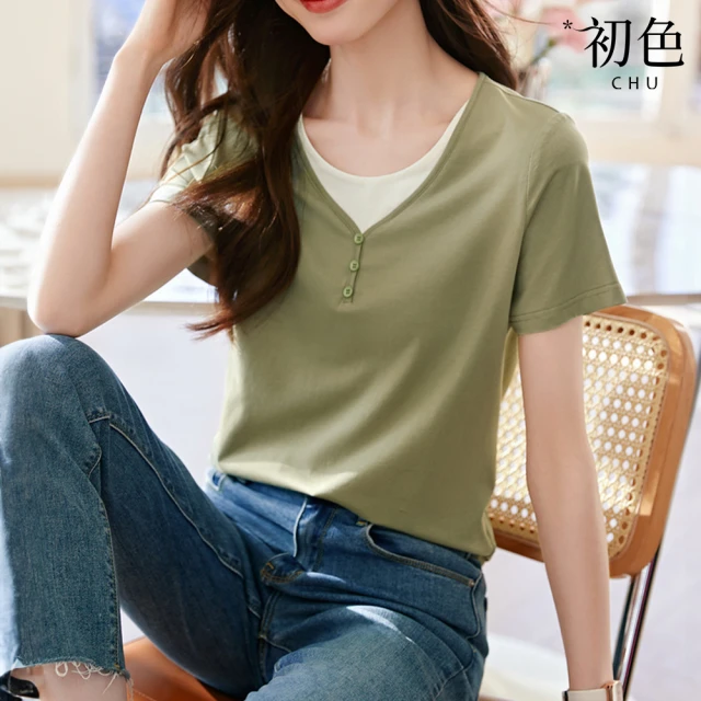 初色 簡約拼接撞色圓領短袖假兩件T恤上衣女上衣-綠色-33470(M-2XL可選)