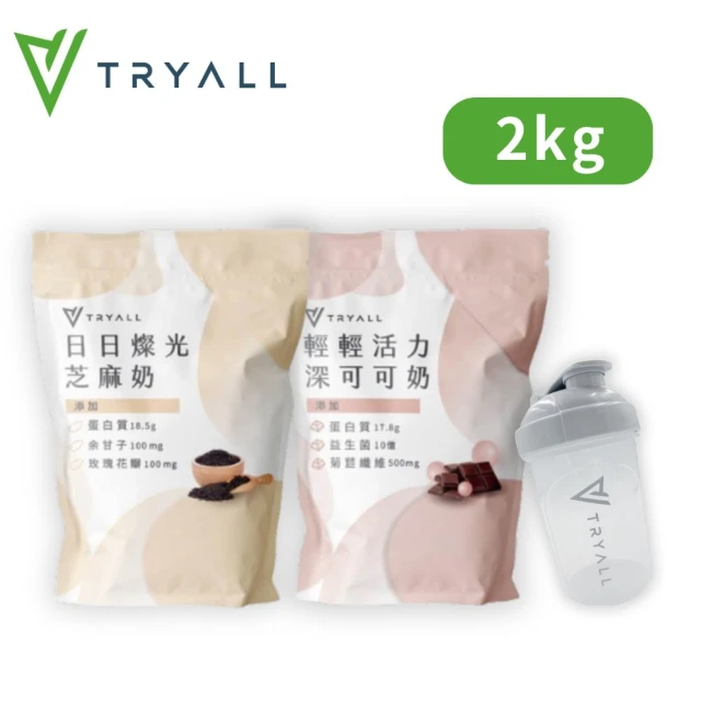 【TRYALL】momo獨家獨規品 機能植物蛋白兩口味任選500g/袋*4+經典款搖搖杯 白
