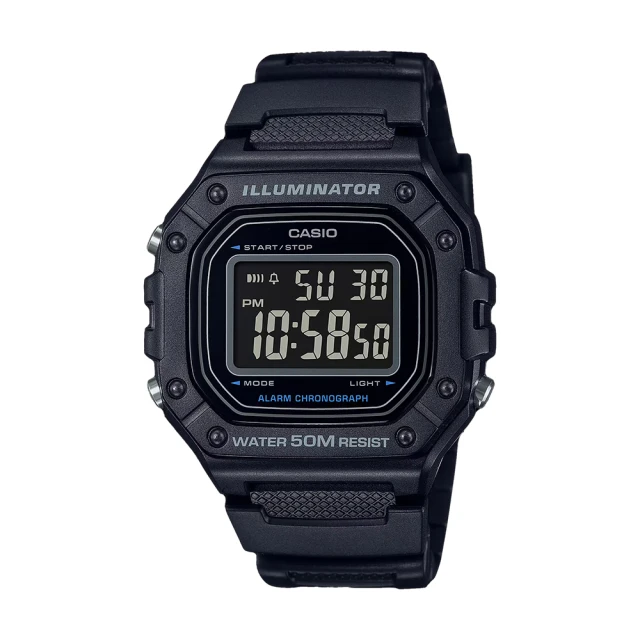 CASIO 卡西歐 電子男錶 膠質錶帶 防水50米 鬧鈴碼錶(W-218H-1B)