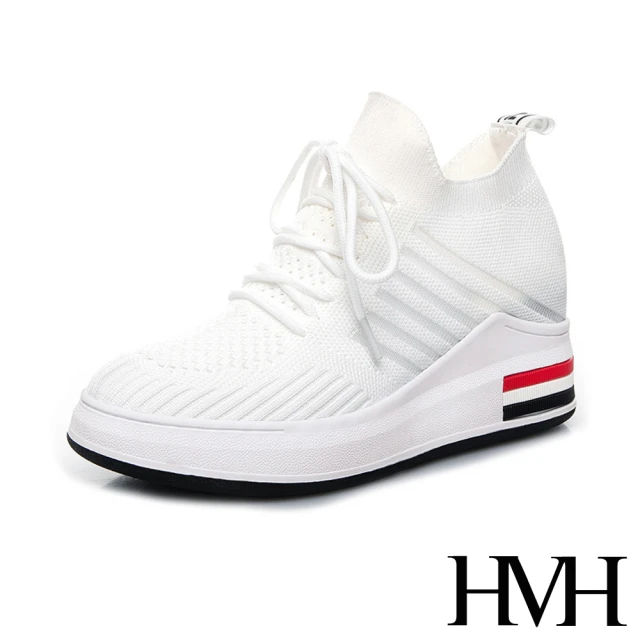 HMHHMH 美腿內增高時尚飛織縷空綁帶設計造型厚底休閒鞋(白)